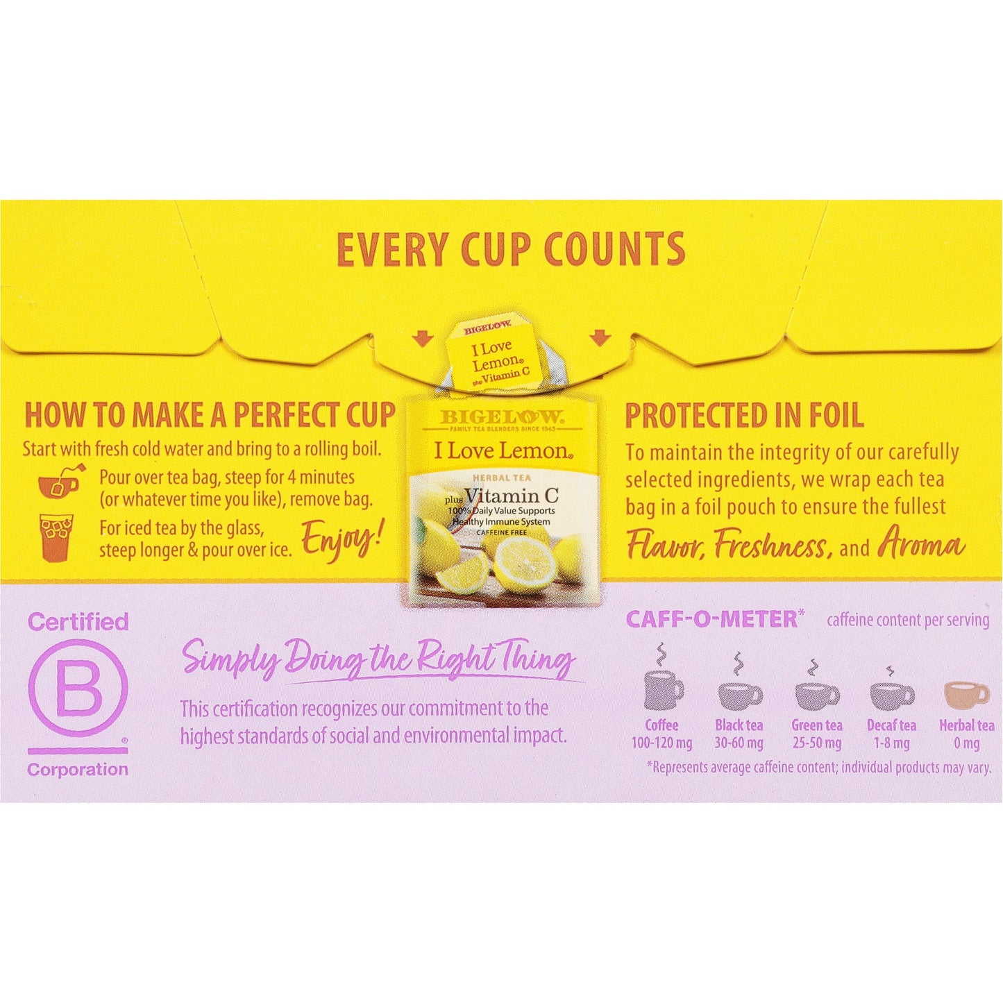 Bigelow I Love Lemon with Vitamin C Herbal Tea, 20 Count, 1.28 oz (Pack of 2)