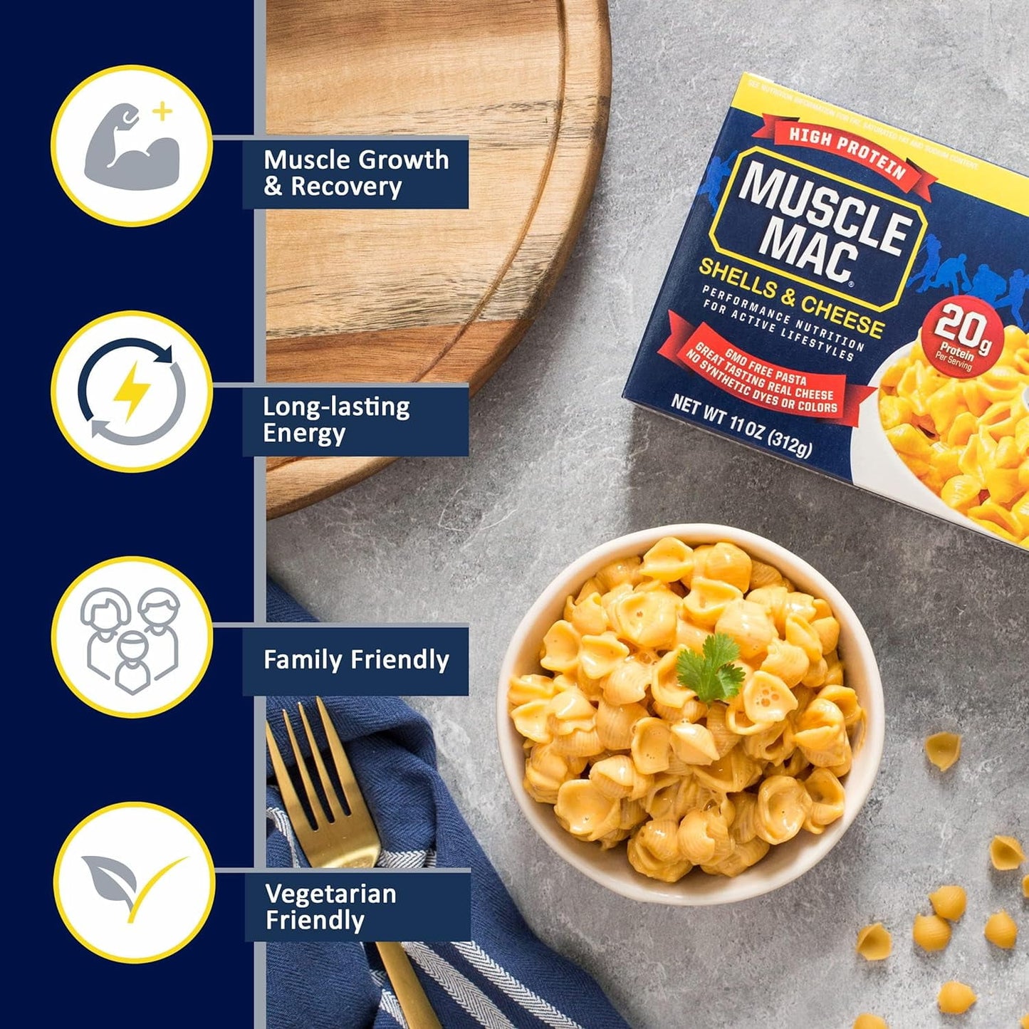Muscle Mac® | Shells & Cheese Pasta For All Ages, 20 Grams Of Protein Per Serving, Real Cheese, Non-GMO, 11 Ounce (Pack of 2)